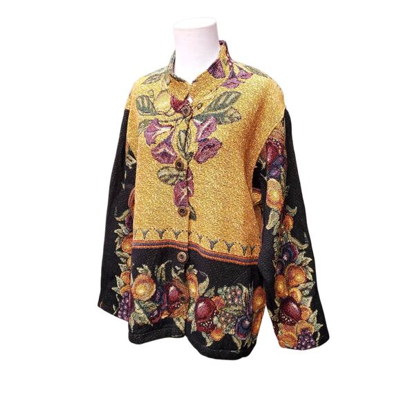 Sugar Street Weavers Gold Black Multi Fruit Woven Tapestry Jacket Floral Sz M - Picture 7 of 13